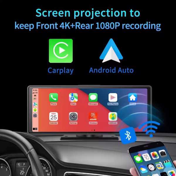10.26 Inch Car Dvr 4K 3840*2160P Dash Cam Rearview Dashboard Dual Lens Android Auto&Carpaly Camera Driving Recorder WIFI AUX