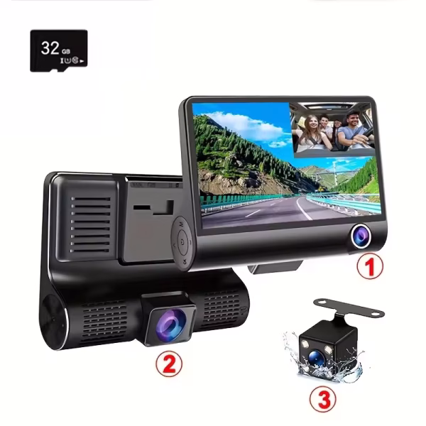 Hd 1080P night vision three lens dashcam suction cup car front, inside and rear synchronous cycle recording video - Image 4