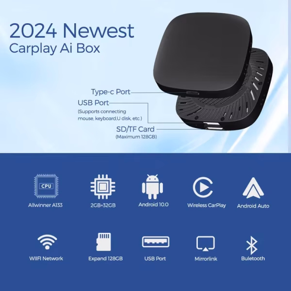 2024 Carplay AI BOX Wireless Android Auto Carplay TV Box Car Intelligent System 10 2GB+32GB For Mazda Volvo Benz Toyota Kia Ford - Image 3
