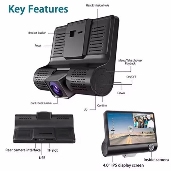 Hd 1080P night vision three lens dashcam suction cup car front, inside and rear synchronous cycle recording video
