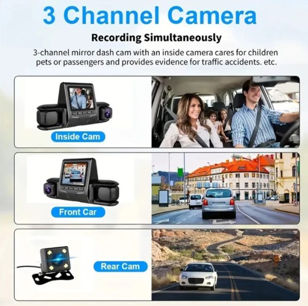 Dash Camera 3 Camera Lens Car DVR HD 1080P  IR Night Vision 3-Channel Dash Cam Video Recorder Loop Recording - Image 2